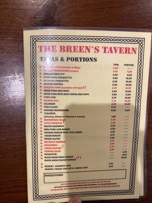 English menu at The Breen's Tavern in A Coruna