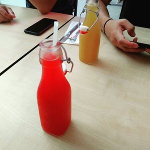 Watermelon juice to the front, apple juice to the back ... I didn't appreciate the straw, but they always put them everywhere ... at Moak Pancakes - West in Amsterdam