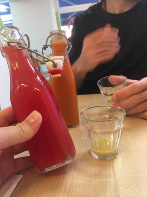 Watermelon and carrot juice with some separated ginger shots at Moak Pancakes - City Center in Amsterdam