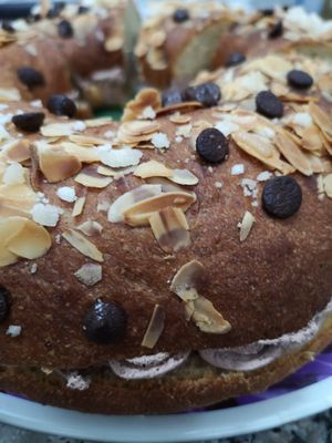 The typical cake Roscón de Reyes in vegan version at Panaderia Los Abuelos in Fuerteventura