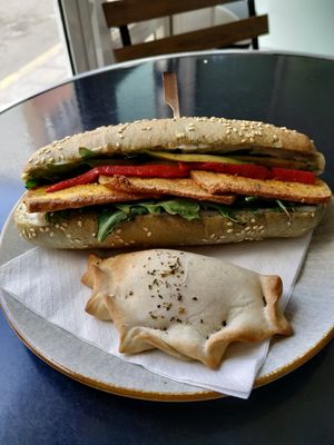 Bocadillo + empanadilla 100% vegan at Panaderia Los Abuelos in Fuerteventura