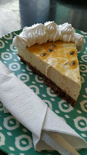 Vegan "cheesecake" with maracuja at Panaderia Los Abuelos in Fuerteventura