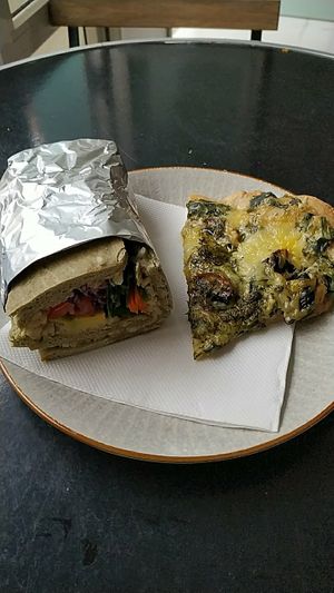 My vegan lunch, vegan roll and vegan pizza at Panaderia Los Abuelos in Fuerteventura
