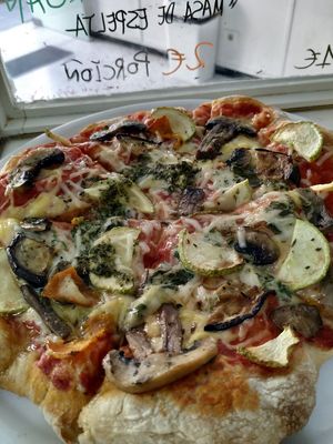 Vegan pizza at Panaderia Los Abuelos in Fuerteventura