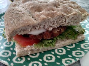 Focaccia vegana con scaloppina di soia at Panaderia Los Abuelos in Fuerteventura