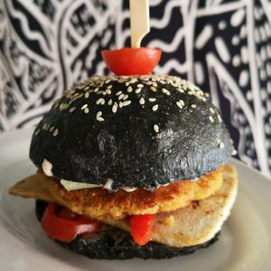Vegan burger at Panaderia Los Abuelos in Fuerteventura