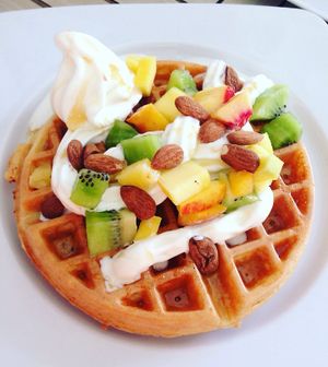Waffle with Nutella, fruits, nuts, sour cream at Frozen FruYo in Rhodes