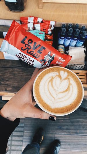 Beautiful Oatly flat whites and LoveRaw wafer bars! at The BRIGHT Store in East London