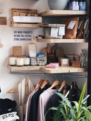 Small selection of ethical lifestyle goods in the coffee shop. at The BRIGHT Store in East London