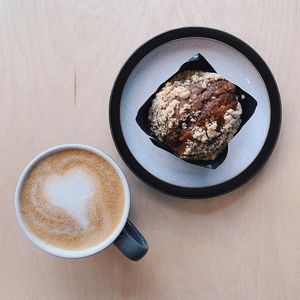 Blueberry muffin and oat latte at The BRIGHT Store in East London