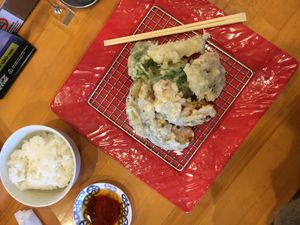 Vegan tempura (sweet potato, pumpkin, green pepper, mushrooms) with rice and onion dressing  at Fuji Tempura Idaten in Fujikawaguchiko
