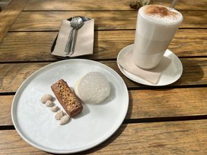 Almond panacotta & chai latte  at RE Organic in Mallorca