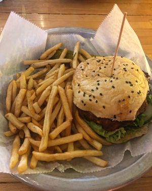 Veggie burger and truffle fries   at The Peddler in Huntington