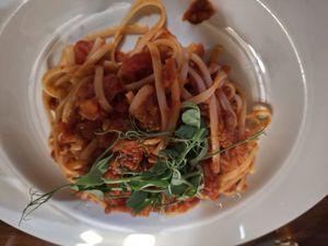 Lentil bolognese at Three Tuns in Hay-on-wye