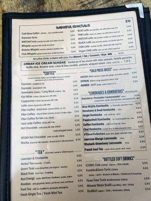 drink menu (coffee, tea, cacao, lemonades)  at Urban House in Bratislava