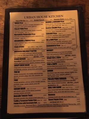 Menu at Urban House in Bratislava