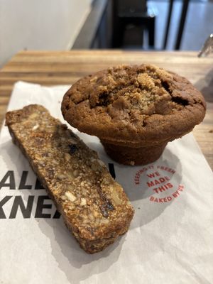 Vegan bar and apple cinnamon muffin  at Gregory's Coffee - 40th St in New York City