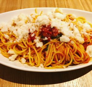 Tomato sauce spaghetti. at Queen's Healthy Diner in Nagoya