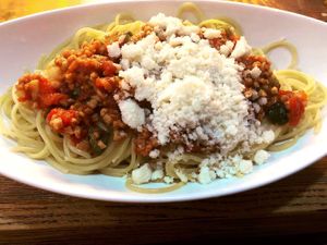 Vegan meat sauce spaghetti. at Queen's Healthy Diner in Nagoya