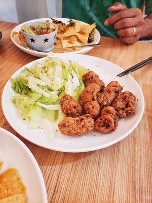 Karaage (900 yen, so pretty pricey) but tasty at Queen's Healthy Diner in Nagoya