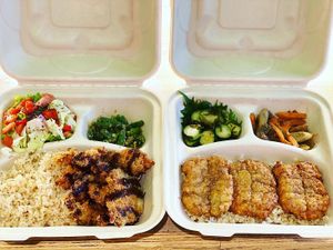 Vegan Tonkatsu Bento. Shoujin Unagi Bento. All bentos are 1,200yen (tax included) Please call the store or send message threw SNS. Take out and Delivery is available. (20cm×20cm) at Queen's Healthy Diner in Nagoya