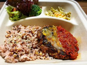 Cheese Hamburg Stake Bento 🍱 チーズハンバーグ弁当🍱1,200yen From 2,400yen delivery fee is free. (Delivery  fee 300yen)  at Queen's Healthy Diner in Nagoya