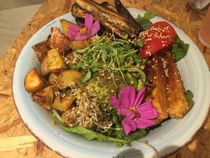 Bowl with salad, roasted vegetable and tempeh at Coco & Nuts Concept Store in Marseille