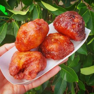 Gluten-free and vegan Peach Fritter Donut Holes featured as an exclusive and off-menu item at The Neighborhood Flea!  at Gluten Free Goat Bakery and Cafe in Pittsburgh