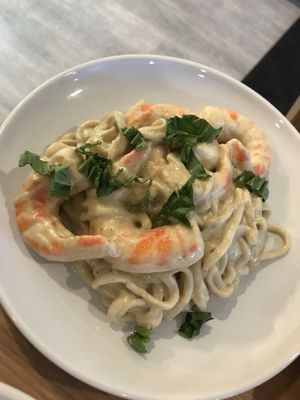 House linguine, cashew alfredo, "shrimp," butter, garlic, white wine. Dinner service is fully vegan so you can order anything off that menu! at Gluten Free Goat Bakery and Cafe in Pittsburgh