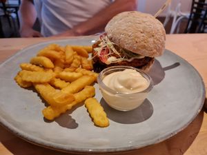 Black bean burger with fries at Combi in Eersel