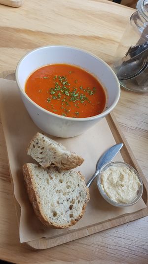 Very nice tomato paprika soup with toast and humus at Combi in Eersel