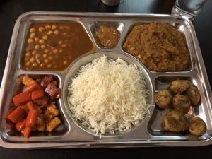 Tray with peppers and “chicken" at Ajanta's Vegetarian in Sheffield