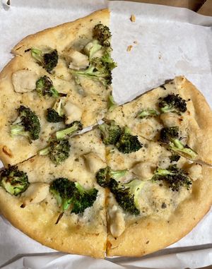 Cream cheese and broccoli kids pizza   at Secret Pizza Society in Portland