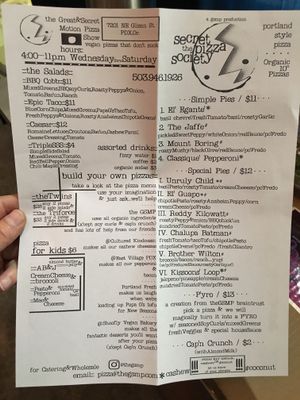 Menu as of 5-17-19 at Secret Pizza Society in Portland