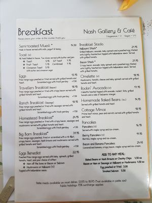 Breakfast menu with vegan options at Nash Gallery & Café in Esk