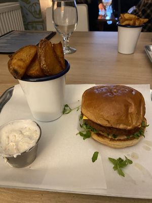 Vegan smashed patty and chunky chips with garlic mayo.   at Sea Change  in South Shields