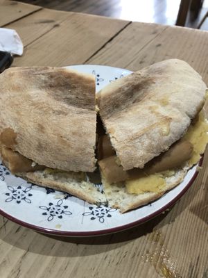 Peas pudding and savaloy in stottie  at Sea Change  in South Shields