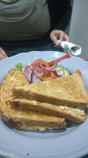 Hummus and tofu toastie with salad at Sea Change  in South Shields