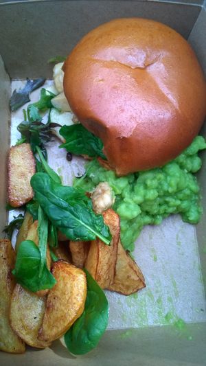 Battered silken tofu fish and chips with mushy peas (takeout) at Sea Change  in South Shields