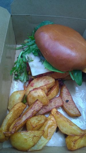 Beat and bean burger with vegan cheese and chips (takeout) at Sea Change  in South Shields