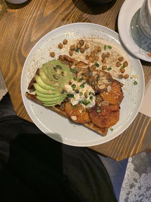 Waffle with avocado and roasted sweet potato  at Wholywood in Paris