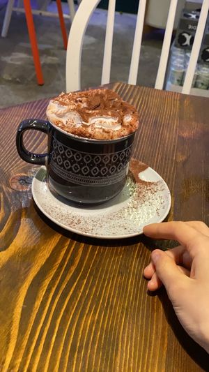 Huge hot chocolate with soy cream at Wholywood in Paris