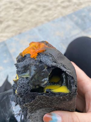 Inside of the black bread filled with vegan cheese #Veganuary at April and May 45 꽃피는 4월 밀익는 5월 in Busan