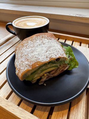Sandwich with mushrooms, salad and avocado + soy latte  at April and May 45 꽃피는 4월 밀익는 5월 in Busan