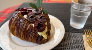 Best pistachio cream filled, topped with fresh cherries (what an interesting combo flavor) so good 😋   at April and May 45 꽃피는 4월 밀익는 5월 in Busan