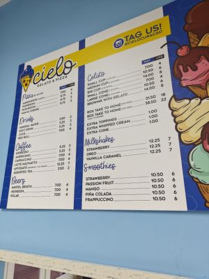Menu. Can pay in and get change in USD. at Cielo Gelato & Pizza in Willemstad