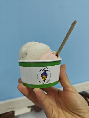 Blood orange (bottom) & pineapple (top) at Cielo Gelato & Pizza in Willemstad