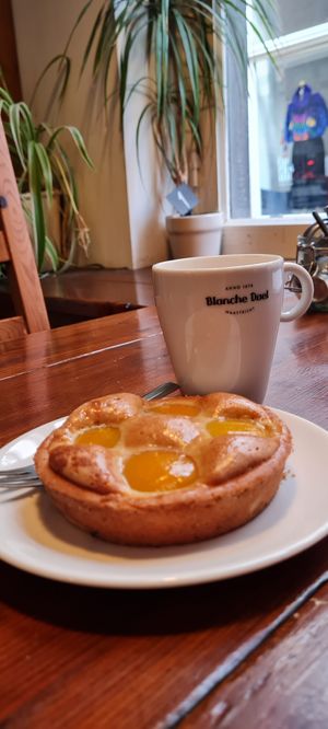 Perzik linzen taartje en koffie at Bisschopsmolen in Maastricht