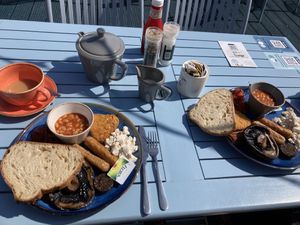 Vegan breakfast including: baked beans, hash brown, tomatoes, portobello, sausages, vegan black pudding and tofu .  at The Spa Hotel in Saltburn-by-the-sea