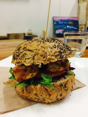 Veggie burger at Wild Yam Health Foods and Cafe in Mordialloc